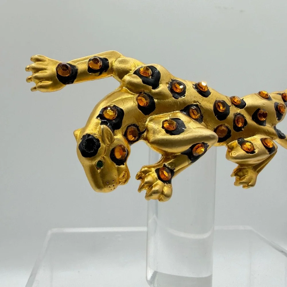 Vintage Gold Tone Leopard Brooch Amber Rhinestone Black Enamel Cheetah Pin 4 In